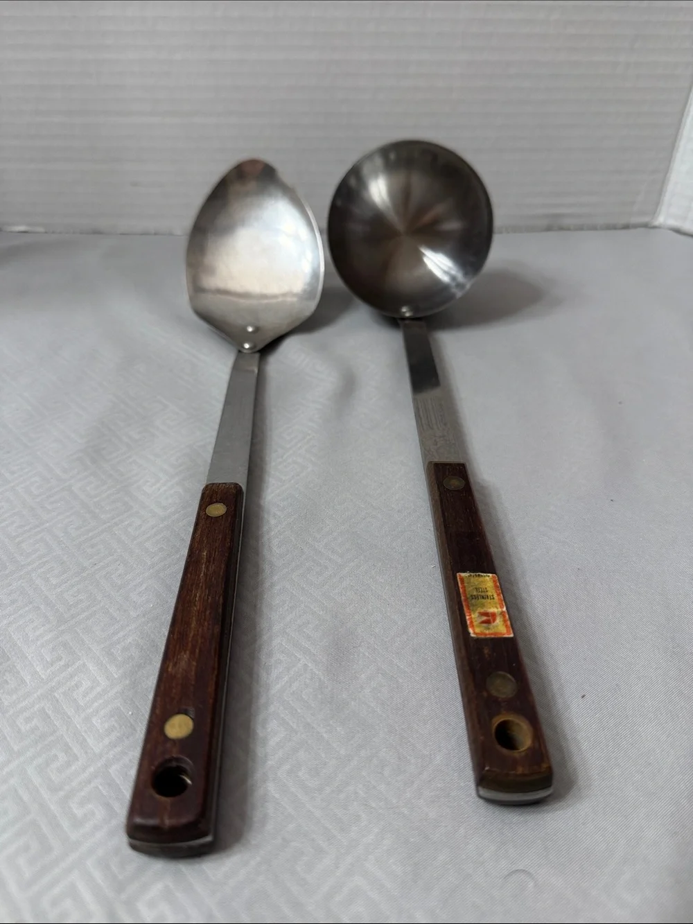 Vintage Mid Century Stainless Soup Ladle & Serving Spoon Wood Handle Taiwan 2 Pc